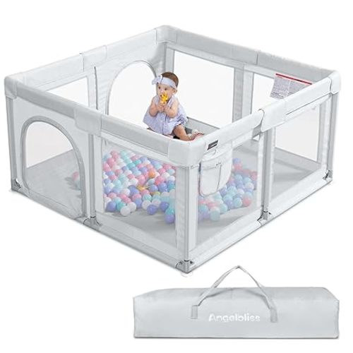 ANGELBLISS Baby Playpen, Large Baby Playard, Indoor & Outdoor Kids Activity Center with Anti-Slip Base, Sturdy Safety Play Yard with Breathable Mesh, Kid's Fence for Infants Toddlers (Grey, 50x50)