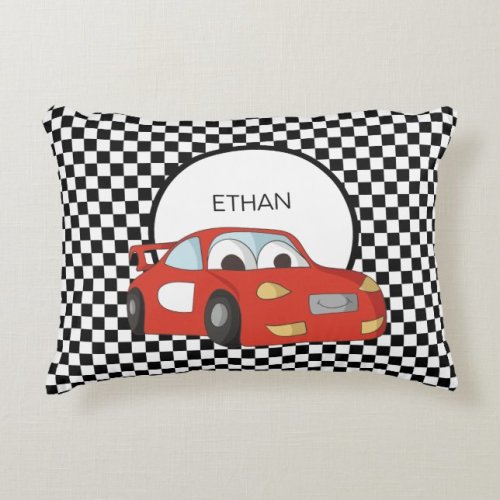 Red Race Car Black White Checkered Flag Child's Accent Pillow | Zazzle