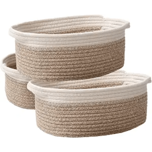 Woven Basket,Small Rope Storage Bin with Handles & Ribbon Bag, Organizer for Shelves Closets,Gift Basket Empty for Birthday,Books,Dog Toys, White&Oatmeal/3 Pack