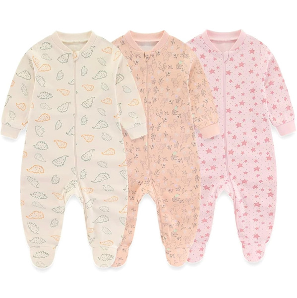 MAMIMAKA Newborn Baby 2-way Zipper Romper Cotton One-piece Jumsuit 3-pack, 0-24 Months
