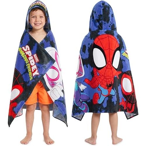 Marvel Spidey And His Amazing Friends Bath Towels With Hood For Boys, Soft Absorbent Cotton Beach Towels, Swimming Pool Hooded Poncho For Kids, Superhero Gifts For Boys Ages 2-6 (Multi Spidey)