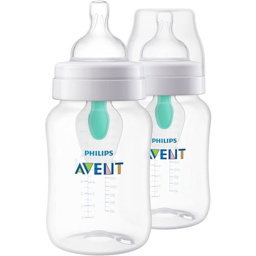 Philips Avent Anti-Colic Baby Bottle with AirFree Vent, 9oz, with Flow 2 Nipples, 1m+, 2pk, Clear, SCY703/02