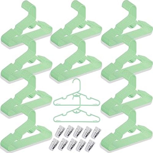 100 Packs Baby Hangers for Closet Plastic Baby Clothes Hangers with Clips for Nursery Kids for Closet Organizer, Stack-able for Newborn, Infant, Toddler, Children, Space-Saving, Green