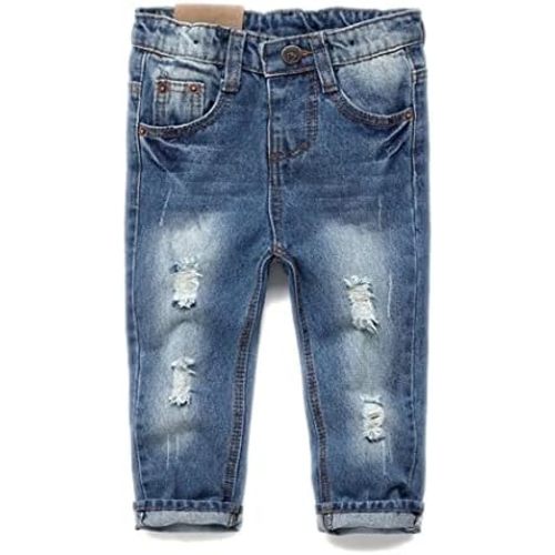 KIDSCOOL SPACE Baby Girl Boy Jeans,Little Kid Elastic Band Inside Ripped Denim Jeans Pants