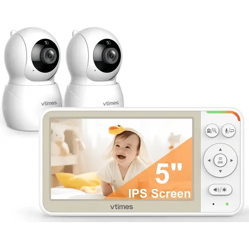 Baby Monitor with 2 Cameras, 5'' Screen Video Baby Monitor No WiFi, Remote Pan-Tilt-Zoom VOX, Two-Way Talk, Infrared Night Vision, Temperature Display, Alarm 8 Lullabies 1000ft