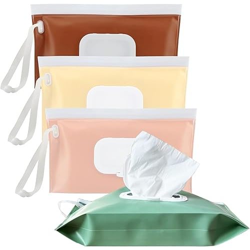 Reusable Wipes Pouch, 4 Pack Wipe Holder for Diaper Bag, Portable Refillable Wipes Container Dispenser for Travel & Home Use