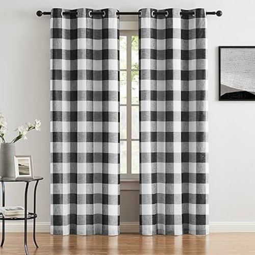 Buffalo Plaid Full Blackout Window Curtains 84 Inches Long Checkered Grommet Panels Farmhouse Geo Energy Efficient Drapes Linen Textured Thermal Window Treatment Set for Bedroom Black White,40"x84"x2