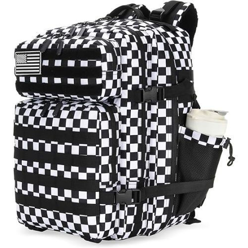 25L Tactical Military Backpack Small Travel Backpack for Men and Women Assault Pack Bug Out Bag Molle Daypack Gym Backpack with Bottle Holder (Black White Plaid)
