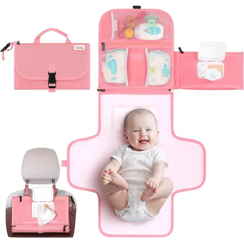 Kopi Baby Portable Diaper Changing Pad - Baby Diaper Changer Travel Bag with Wipes Pocket, Smart Design Portable Changing Mat, Infant Travel Station Kit, Gift for Newborn Girl & Boy - Pink, Premium
