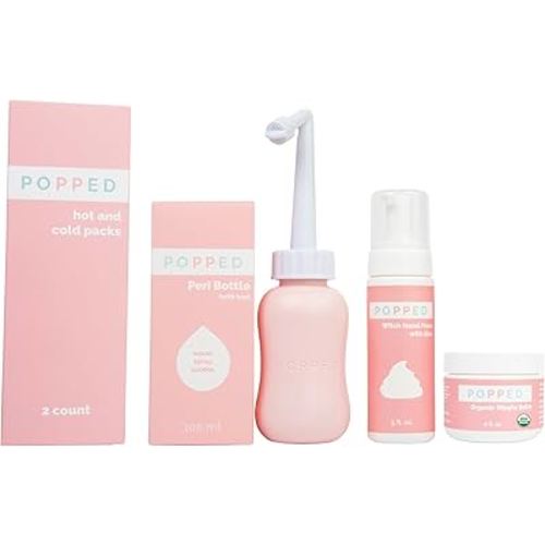 Popped New Mom Care Bundle & Baby Shower Gift Set - Peri Bottle, Witch Hazel Foam, Organic Nipple Balm, Hot/Cold Packs (2 Count) | Postpartum Essentials Bundle
