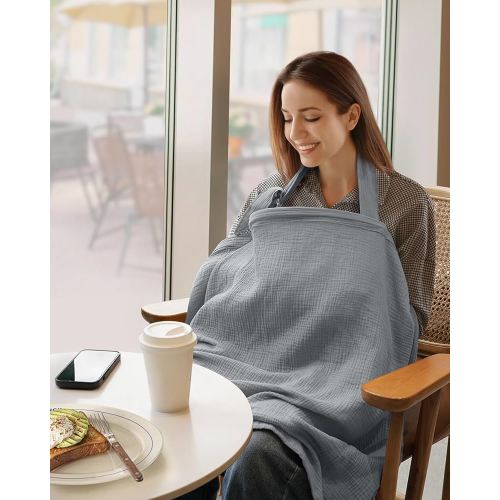 Blissful Diary Muslin Nursing Cover for Breastfeeding, Breathable Breastfeeding Cover up with Arch Neckline for Women, Nursing Apron (Light Grey)