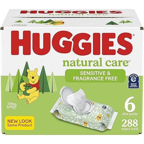 Baby Wipes, Huggies Natural Care Sensitive, UNSCENTED, Hypoallergenic, 6 Flip Top Packs, 288 count