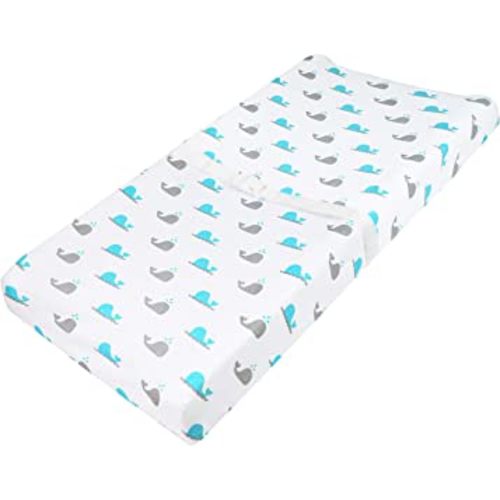 American Baby Company Printed 100% Cotton Knit Fitted Contoured Changing Table Pad Cover - Compatible with Mika Micky Bassinet, Aqua Whale, for Boys and Girls