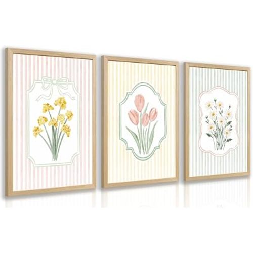 RLKHG Wood Framed Cottagecore Floral Wall Art Set of 3, Pastel Stripe Flower Poster Prints, Vintage French Country Garden Decor, Farmhouse Botanical Artwork for Living Room Bedroom 12x16 Inch