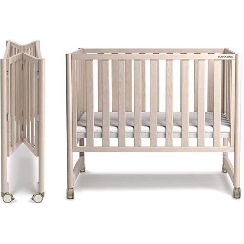 EvoNook 6-in-1 Convertible Mini Crib - Easy Assembly, Portable Folding Baby Mini Crib with Mattress, 100% New Zealand Pinewood, 4 Adjustable Mattress Heights, Washed Nature with Mattress