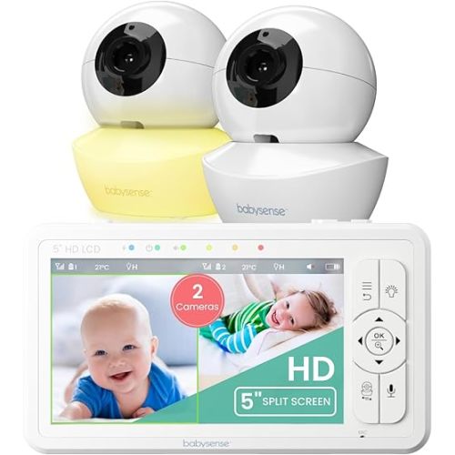 Babysense 5" HD Split-Screen Baby Monitor, Video Baby Monitor with 2 Cameras and Audio, Night Light, 1000ft Range, Two-Way Audio, 4X Zoom, Night Vision, 4000mAh Battery