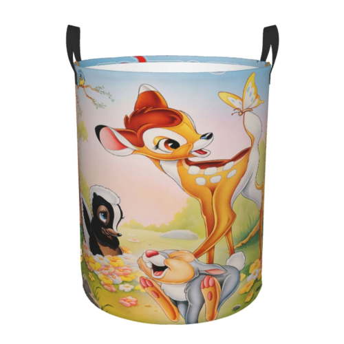 Bambi Laundry Hamper with Handles, Foldable Waterproof Circular Basket, Kids Toys Dirty Clothes Storage Organizer Basket for Bedroom Bathroom Nursery Dorm Small