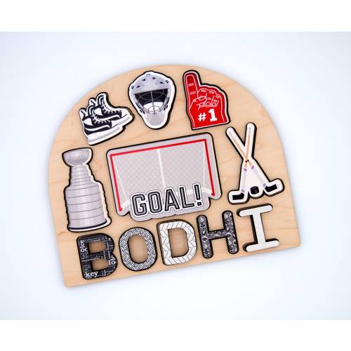 Hockey Theme Name Puzzle/ Hockey birthday party/ Hockey gift/ Toddler gift/ Wooden Name puzzle