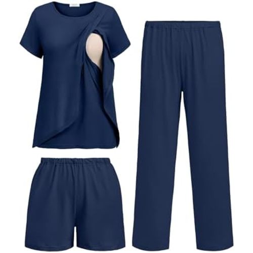Ekouaer 3 PCS Maternity Nursing Pajamas Set Postpartum Breastfeeding Short Sleeve Shirts, Pregnancy Shorts & Pants Pjs S-XXL
