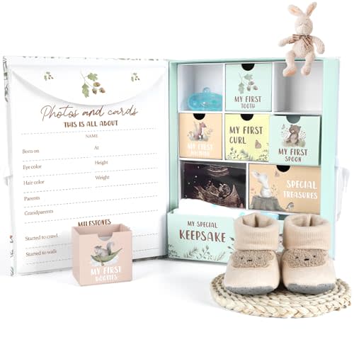 Baby Keepsake Box Memory Organizer Boxes with 9 Labeled Compartments Woodland Animal Gender-Neutral Memory Box Baby's First 5 Years Storage Box Baby Shower for Newborn Gift New Parents Pregnancy