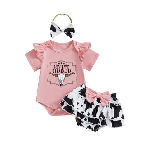 BemeyourBBs Baby Girl Western Outfits Short Sleeve Romper + Cow Shorts + Headband