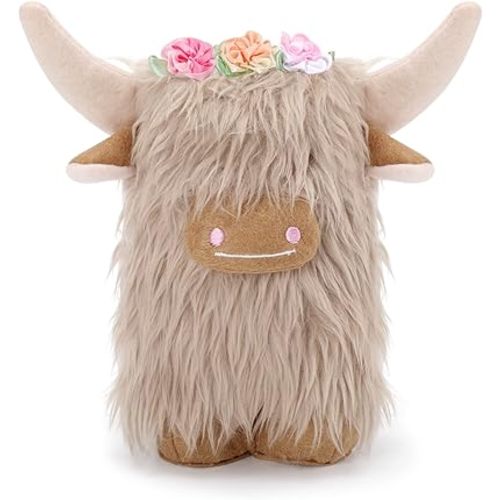 Upltowtme Highland Cow Gnomes with Flowers Cream Scottish Tomte Decor Table Centerpieces Farmhouse Nordic Dwarf Home Decoration Calf Gnome Herd Collection Gift for Her Set of 1