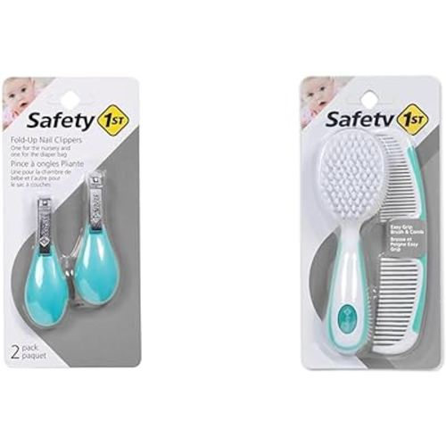 Safety 1st Fold-Up Nail Clipper, 2-Count - Colors May Vary & Easy Grip Brush and Comb, Colors May Vary