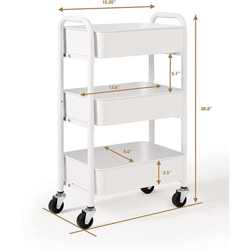 SunnyPoint 3-Tier Delicate Compact Rolling Metal Storage Organizer - Mobile Utility Cart Kitchen/Under Desk Cart with Caster Wheels (WHT, Compact (15.5" X 26.8" X 10.27")) - Wht