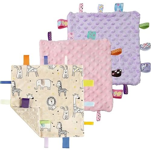 CREVENT Tag Security Blankets for Babies, Soft Small Loveys for Boys, Baby Comforter Sensory Blanket, Great Gifts for Birthday Baby Shower (10"X10" Zoo + Pink + Purple)