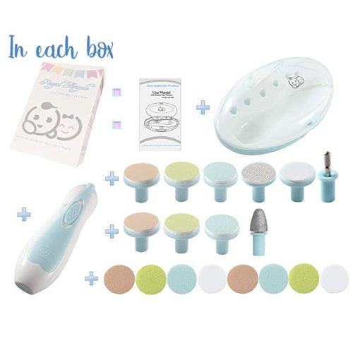 Baby Nail Clippers 20 in 1 by Royal Angels Baby | Safe Electric Baby Nail Trimmer, Baby Nail File Kit, Additional Replacement Heads, Newborn Toddler Toes and Fingernails, Trim and Polish (Blue)