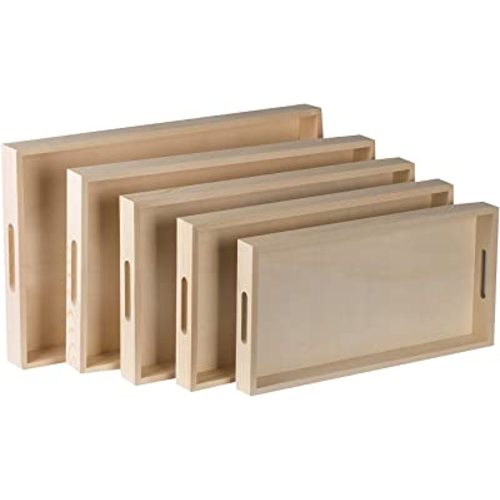 Wood Serving Tray with Handles - Five Piece Nested Breakfast Wood Tray - Wooden Crafts Couch Tray for Organizing - Food Trays for Party Buffet Montessori Bathroom - Wood Trays for Serving & Catering