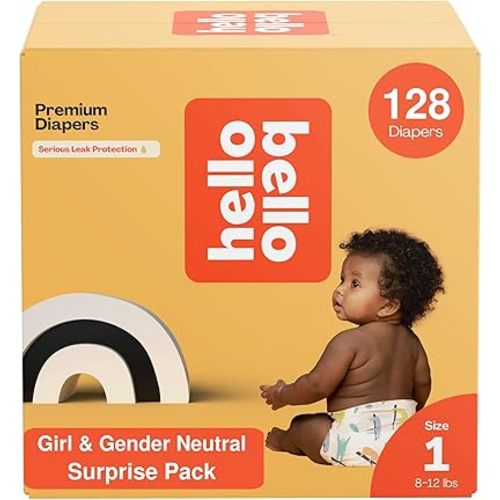 Hello Bello Premium Diapers, Size 1 (8-12 lbs) Surprise Pack for Girls, 128 Count, Hypoallergenic with Soft, Cloth-Like Feel, Girl and Gender Neutral Patterns