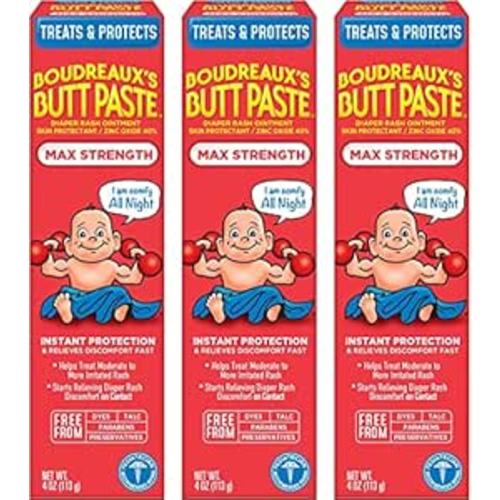 Boudreaux’s Butt Paste Max Strength Diaper Rash Cream for Baby, Ointment With Zinc Oxide, 4 oz Tubes, 3 Pack