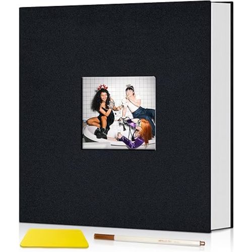 Popotop Photo Album Self Adhesive with Picture Display Window,40 Pages DIY Scrapbook Album for 4x6 8x10 Picture,Linen Cover Memory Book for Baby Wedding, with Scraper and Metallic Pen