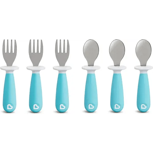 Munchkin® Raise™ Toddler Fork and Spoon Utensil Set, Rest Keeps Tip Off Table, BPA Free, 6 Pack, Blue