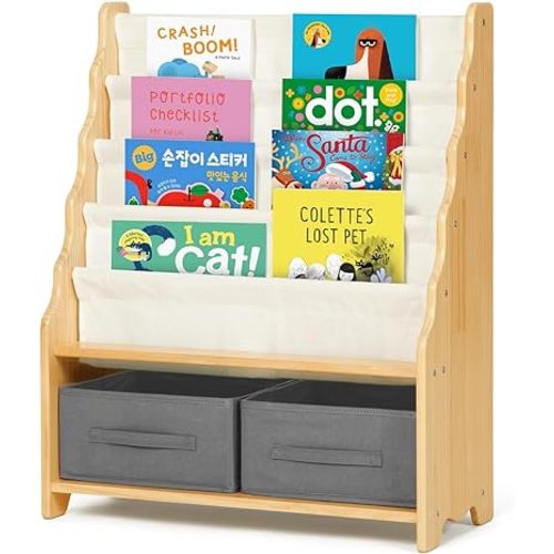 Solid Wooden Montessori Bookshelf for Kids, 27.6" L x 11" W x 34" H Toddler Bookshelf Equipped with 4 Sling Book Shelf 2 Toy Organizer Shelves and Storage Boxes