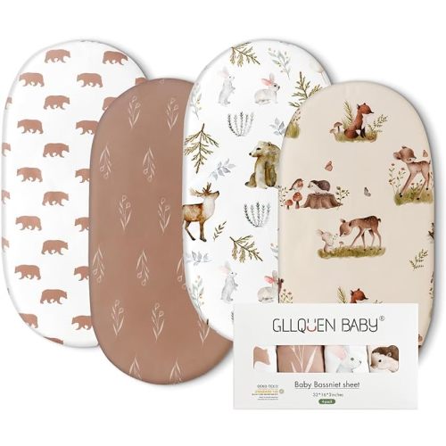 Gllquen Baby Bassinet Sheets 4 Pack, Breathable Cozy Fitted Mattress Sheet, Elastic Travel Crib Fashionable Floral Pattern, Standard Cradle Safe Sheets for Baby Boy Girls 32"X16" (Bear)