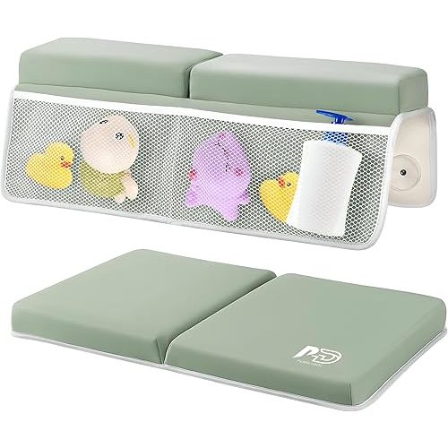 Baby Bath Kneeler and Elbow Rest Pad Set – Thick Foam Kneeling Mat with Toy Organizer – Non-Slip, Quick Dry Knee and Elbow Support for Baby Bathing – Comfortable & Foldable Pad for Parents