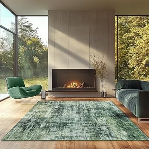4x6 Washable Abstract Area Rug for Living Room Modern Soft Non-Slip Non-Shedding Carpets for Bedroom, Farmhouse, Dining Room, Dorm Decor, Green