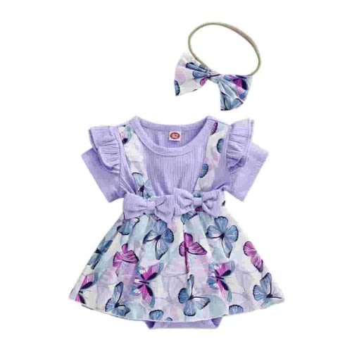 Qtinghua Newborn Baby Girls Summer Outfits Butterfly Ruffle Dress Suspender Romper Jumpsuit Headband Clothes Purple 0-3 Months