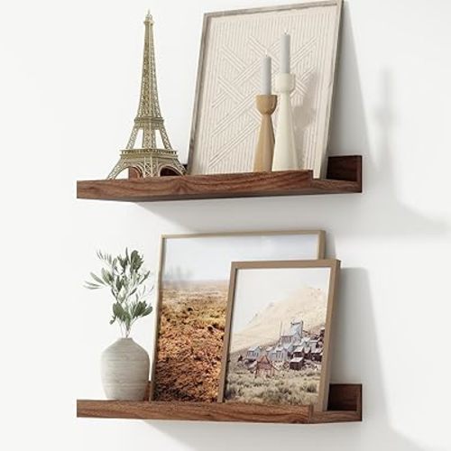 FLYJOE Picture Ledge Shelf, Floating Shelves Set of 2, 16 Inches Nursery Book Shelves for Toys Storage, Kids Bookshelf Wall Mounted for Living Room Bedroom Decor Books Photo Frames, Walnut