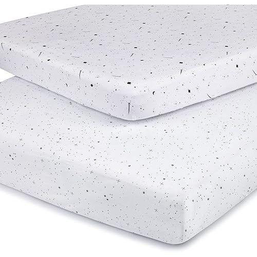 Pack N Play Portable Crib Sheet Set 100% Jersey Cotton 2 Pack 38”x24”x5” (Black and White Celestial)