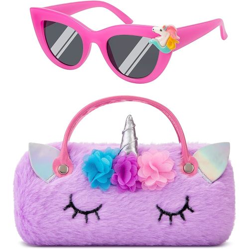 Unicorn Kids Sunglasses with Eyeglass Case, Portable Hard Sunglasses Pouch with Handle UV Protection