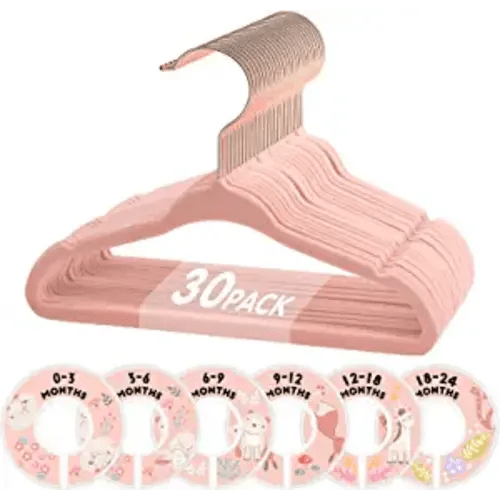 VIS'V Baby Hangers, 11 Inch Velvet Kids Hangers with 6 Pcs Clothes Size Dividers, Infant Toddler Nursery Closet Organization, Non Slip, Pink, 30 Pcs