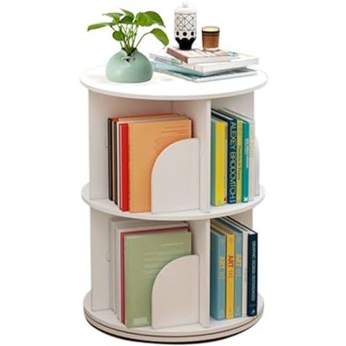 2 Layers 360° Rotating Bookshelves, Freestanding Storage Shelf, Open Bookcase Nordic Style Bookshelf Organizer Storage Shelves Shelf Capacity 100k Place Books Small Potted Decorations (White)