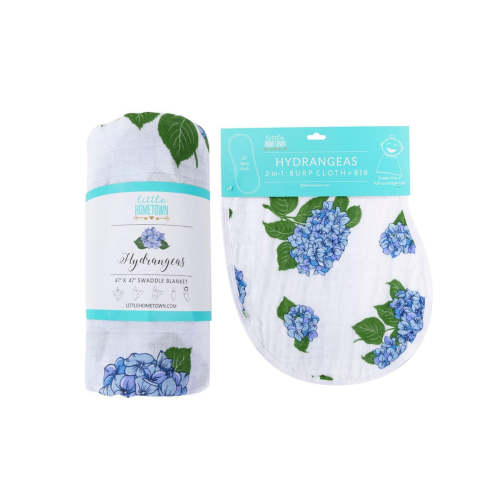 Gift Set: Hydrangeas Baby Muslin Swaddle Blanket and Burp Cloth/Bib Combo