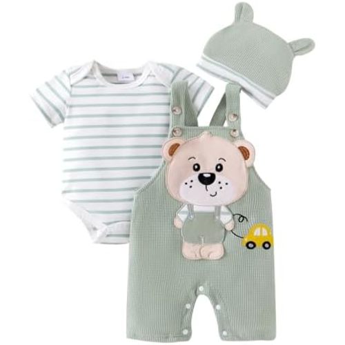 FOCUTEBB Baby Boy Clothes Short Sleeved Cute Cartoon Romper + Shorts + Hat Overalls Suspender for Boys 3 Pcs 0-18 Months