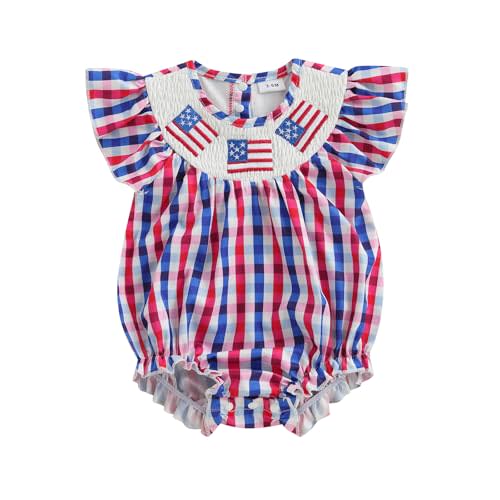 Bonangber 4th of July Baby Girl Outfits Plaid Print American Flag Romper Smocked Bodysuit Cute Newborn Fourth of July Outfit