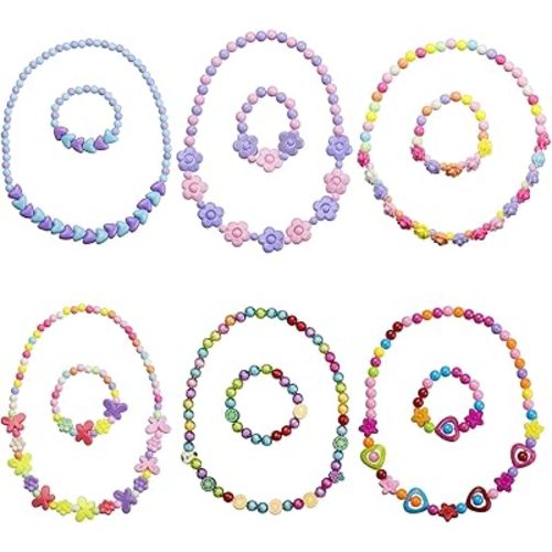 6 Sets Toddler Play Necklace and Bracelet for Little Girls, Packaged in Gift Box, Dress up Pretend Princess Jewelry for Kids
