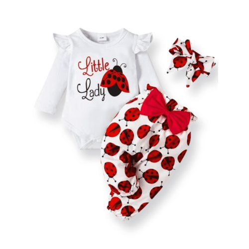 PatPat 3pcs Baby Girl Ladybug Long Sleeve Romper and Bowknot Trousers Set,Fall Clothes Newborn Outfit,0-18 Month
